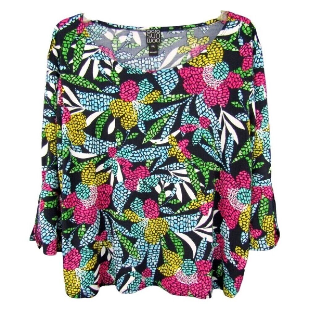 Clara Sun Woo Black Mosaic Floral Tunic Top Womens Size XL Petite 3/4 Tie Sleeve
